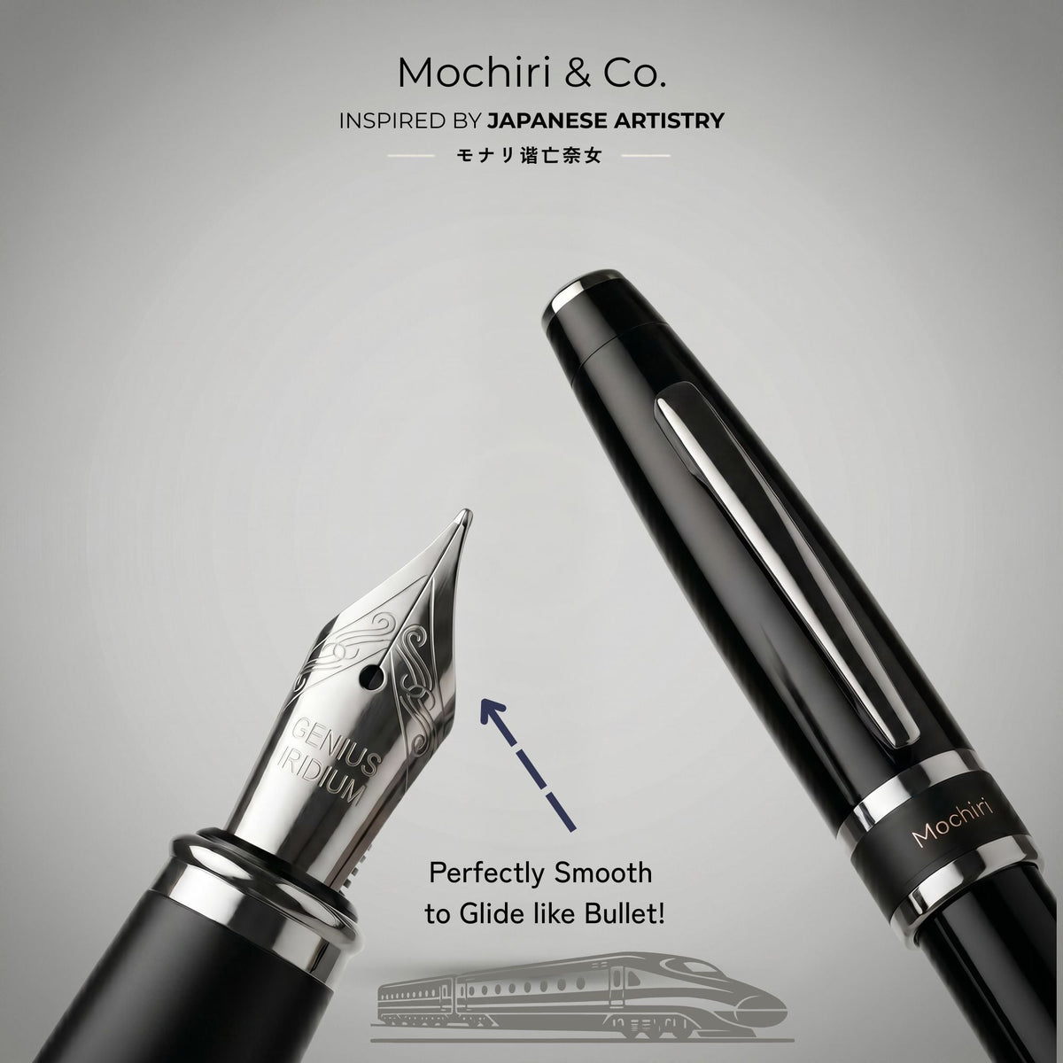Mochiri & Co. Shinkansen fountain pen in glossy black metal, detail view 5