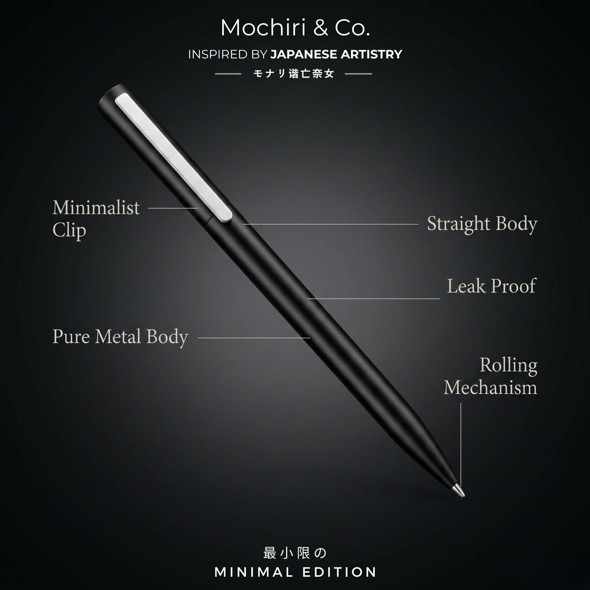 Mochiri & Co. Minimal roller pen in full black metal, detail view 6
