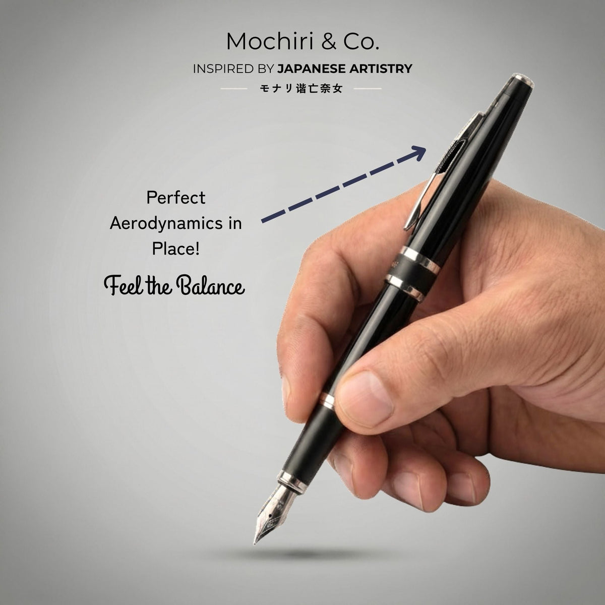 Mochiri & Co. Shinkansen fountain pen in glossy black metal, detail view 6